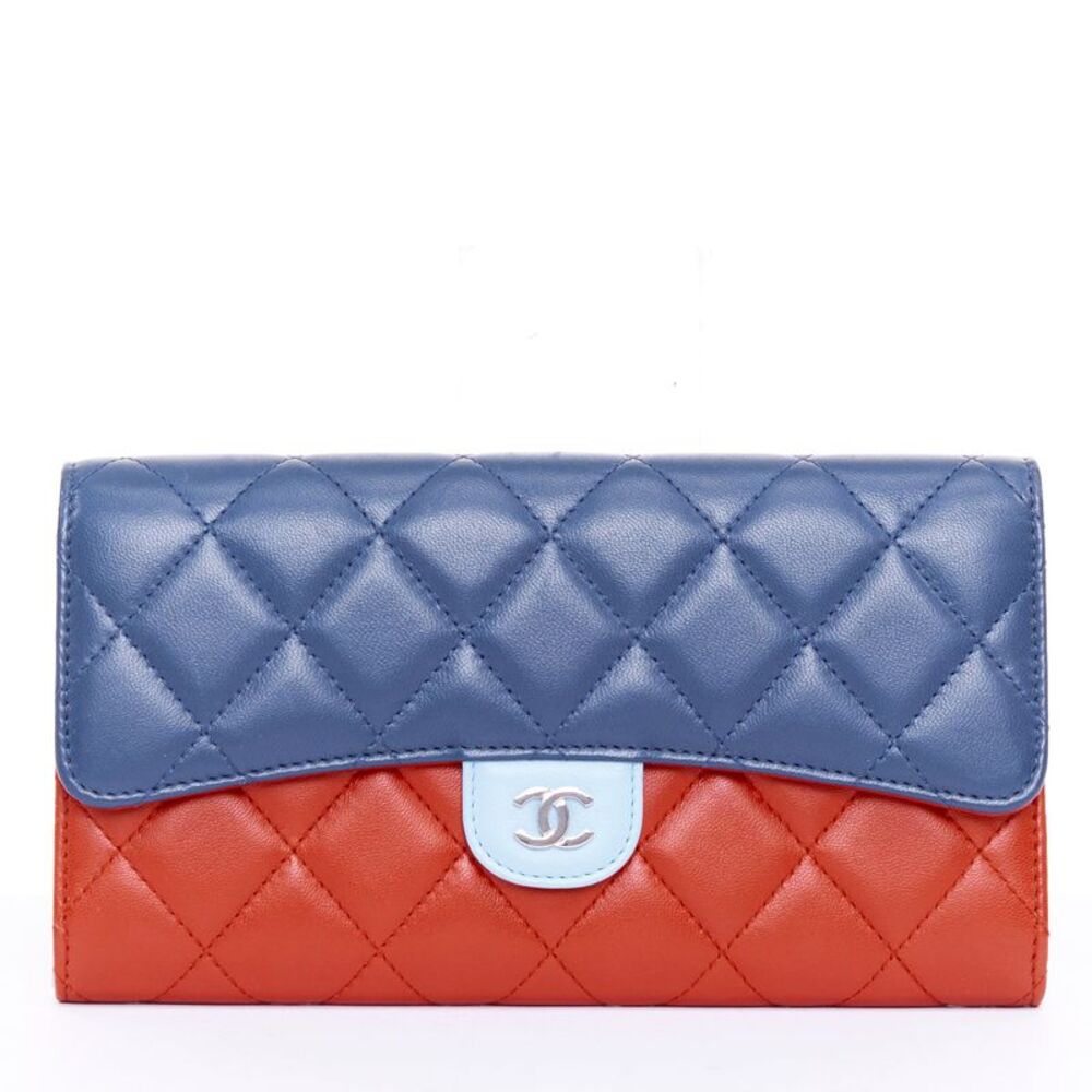 Chanel Red Blue Tricolor Quilted Leather Flap Wallet
